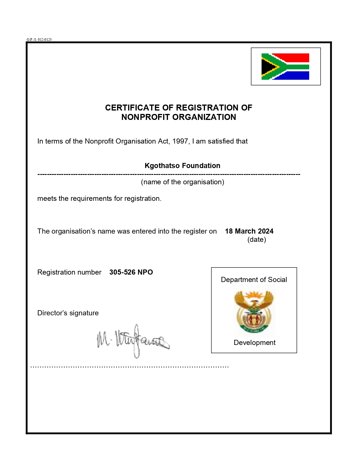 Kgothatso Foundation Certificate